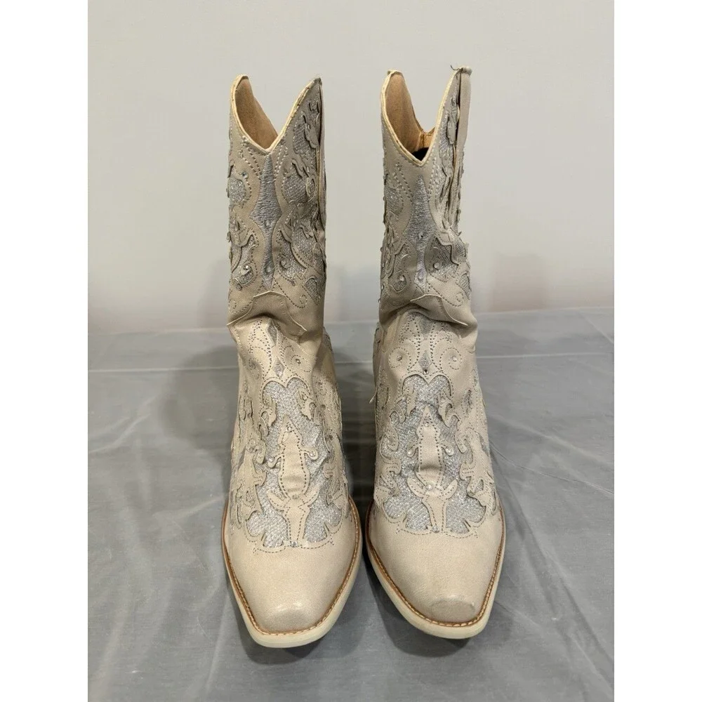 Womens Western Cowboy Boots Beige Silver Glitter Embroidered EU 38 US 7.5 - Picture 3 of 6